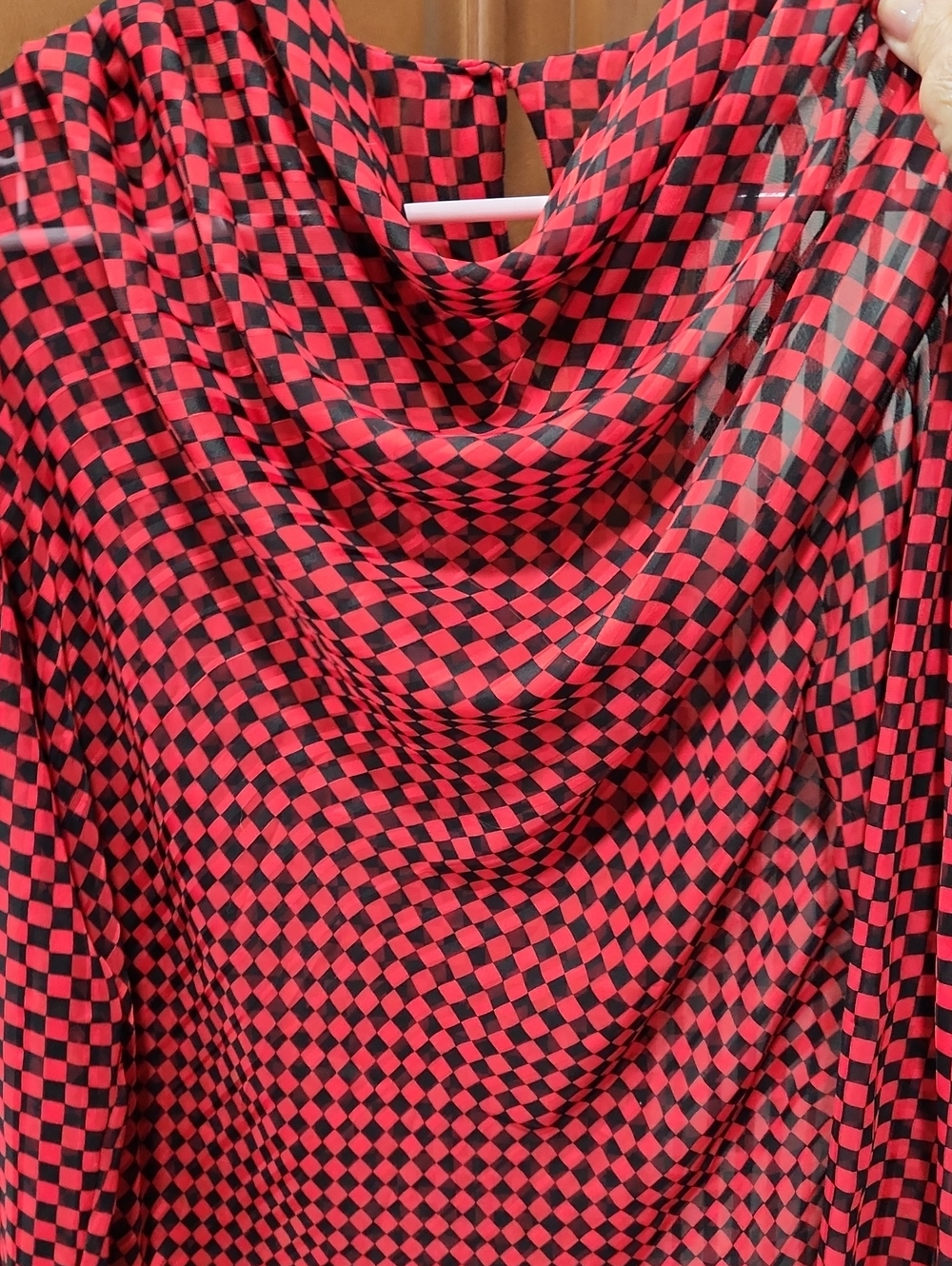 Bold Red and Black Checker Draped Women's Blouse